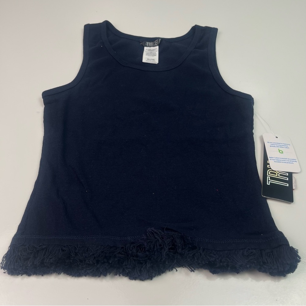 Truce Girls Navy Ribbed Tank with Fringe Sz 16 NWT